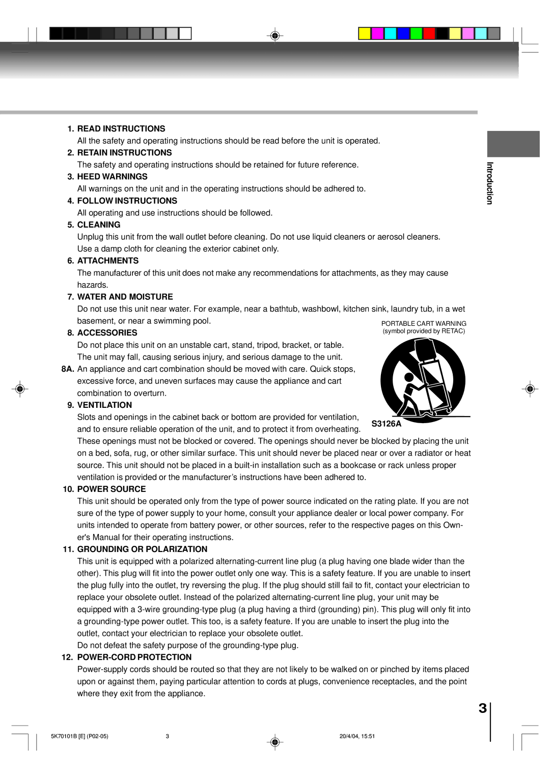 Toshiba MD20FP1 Read Instructions, Retain Instructions, Heed Warnings, Follow Instructions, Cleaning, Attachments 