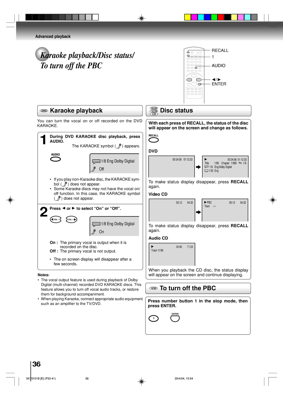 Toshiba MD20FP1 owner manual Karaoke playback/Disc status/ To turn off the PBC, VCD Disc status, VCD To turn off the PBC 