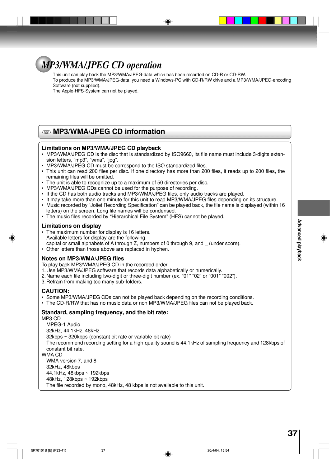 Toshiba MD20FP1 owner manual MP3/WMA/JPEG CD operation, CD MP3/WMA/JPEG CD information 