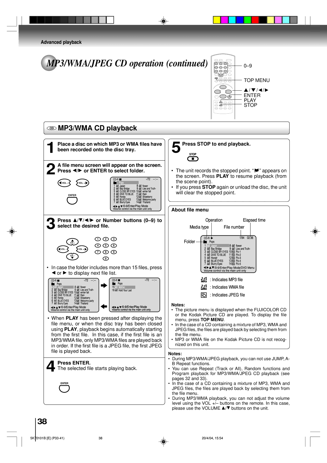 Toshiba MD20FP1 owner manual CD MP3/WMA CD playback, 5Press Stop to end playback, About file menu, Press Enter 