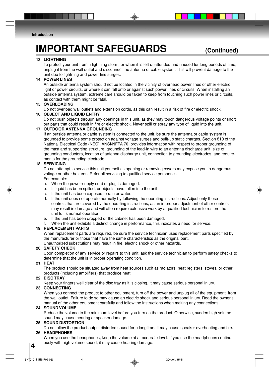 Toshiba MD20FP1 Lightning, Power Lines, Overloading, Object and Liquid Entry, Outdoor Antenna Grounding, Servicing, Heat 