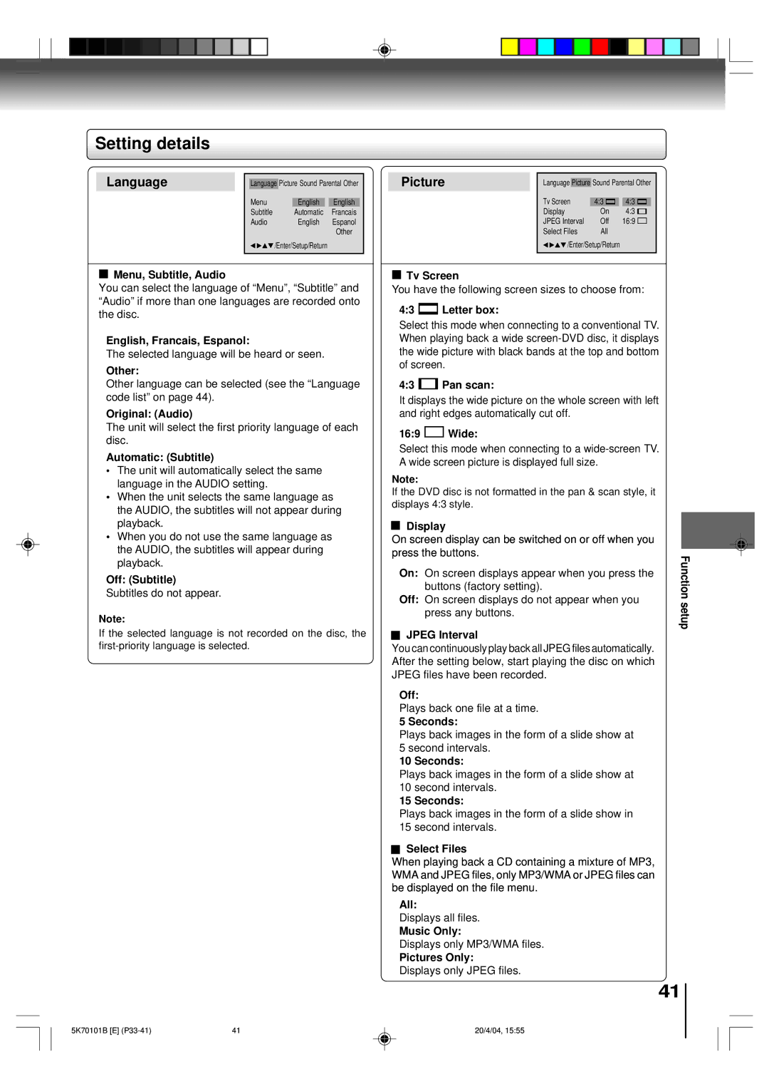 Toshiba MD20FP1 owner manual Setting details 