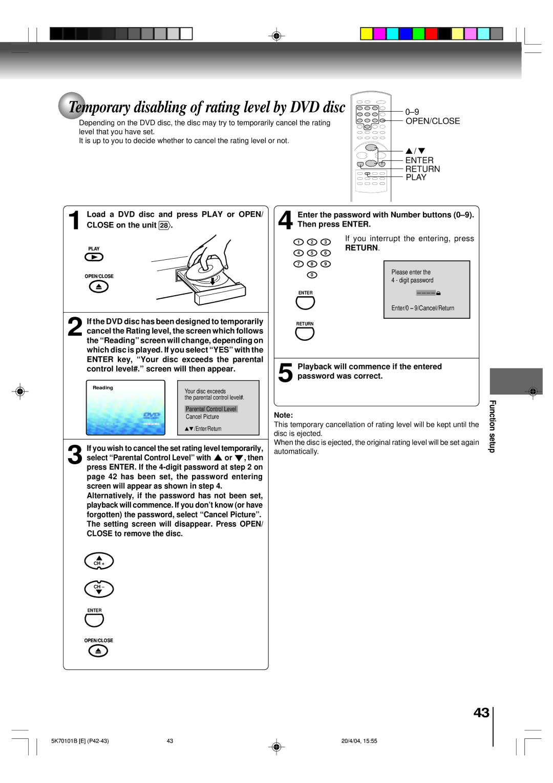 Toshiba MD20FP1 owner manual Load a DVD disc and press Play or OPEN/ Close on the unit, Return, Function setup 