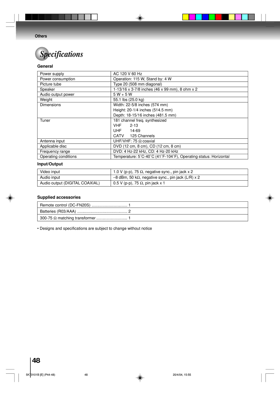 Toshiba MD20FP1 owner manual Specifications, General, Input/Output, Supplied accessories 