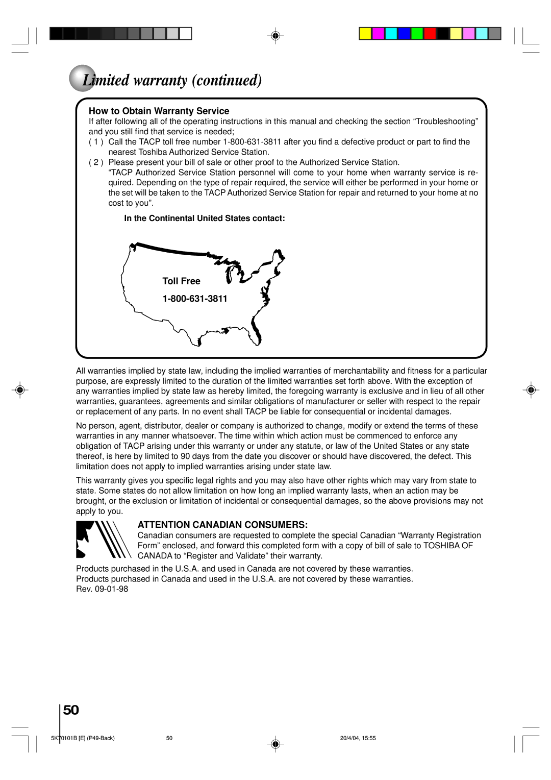 Toshiba MD20FP1 owner manual How to Obtain Warranty Service, Continental United States contact 