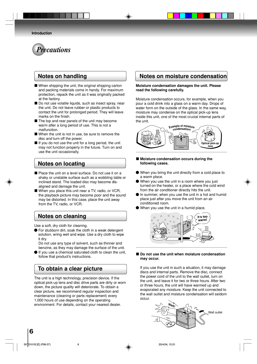 Toshiba MD20FP1 Precautions, To obtain a clear picture, Wait, 3Moisture condensation occurs during the following cases 