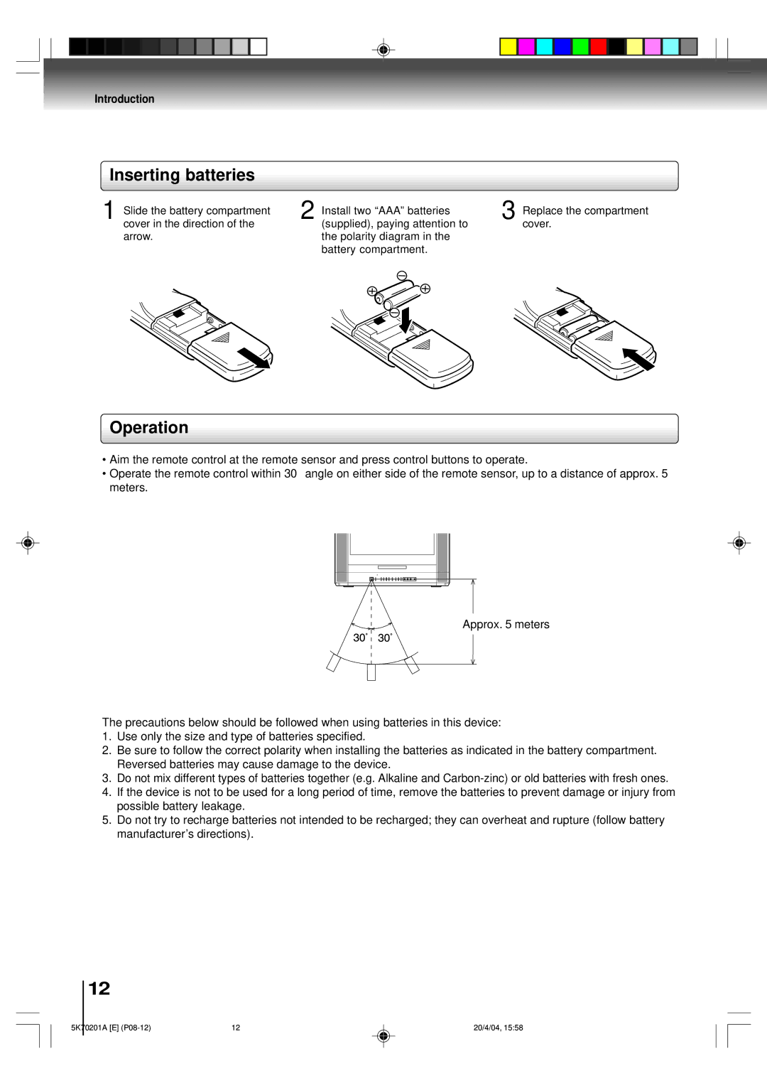 Toshiba MD20FP3 owner manual Inserting batteries, Operation 