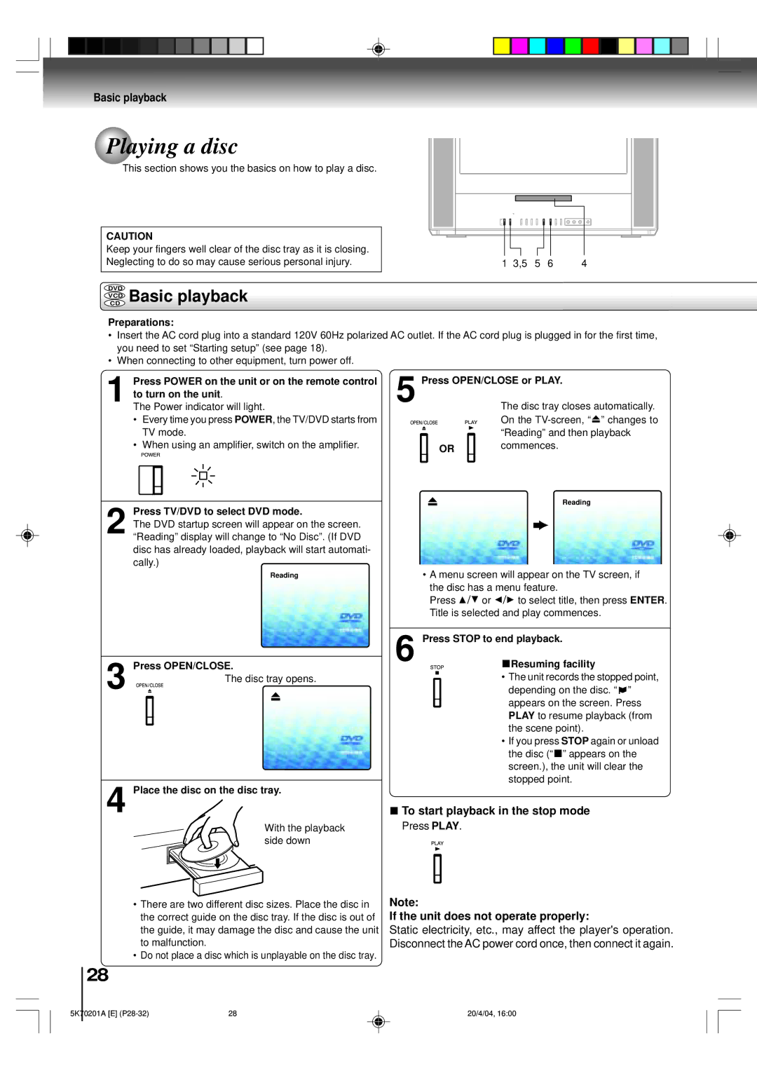 Toshiba MD20FP3 owner manual Playing a disc, Vcdcd Basic playback, If the unit does not operate properly 