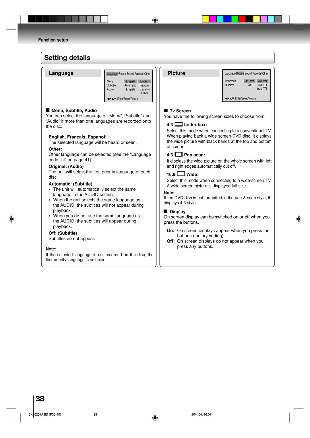 Toshiba MD20FP3 owner manual Setting details 