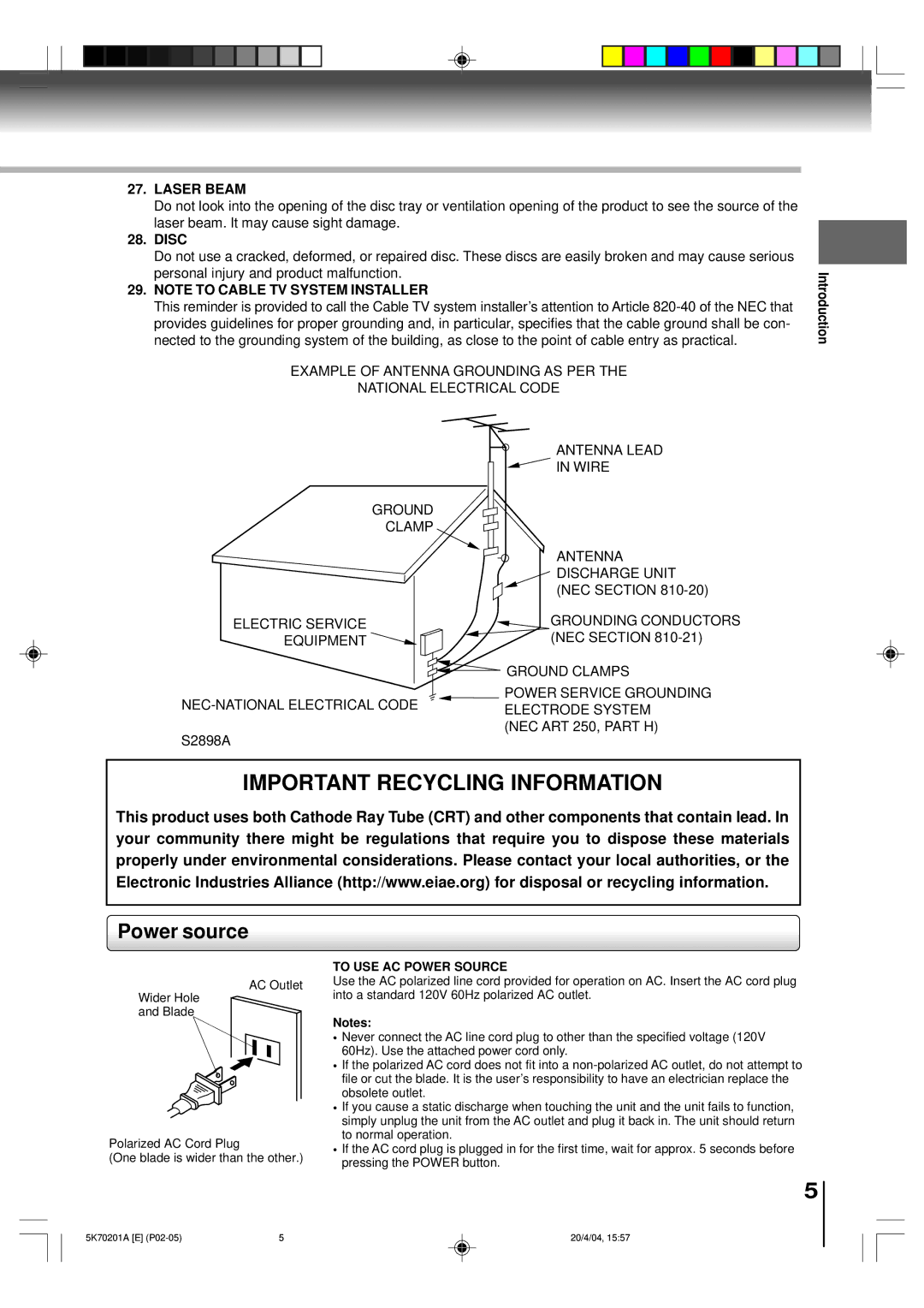 Toshiba MD20FP3 owner manual Power source, Laser Beam, Disc, To USE AC Power Source 