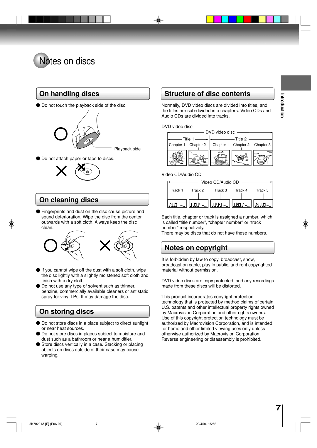 Toshiba MD20FP3 owner manual On handling discs, On cleaning discs, Structure of disc contents, On storing discs 