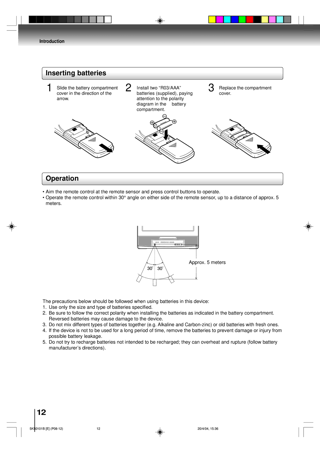 Toshiba MD20P1 owner manual Inserting batteries, Operation 