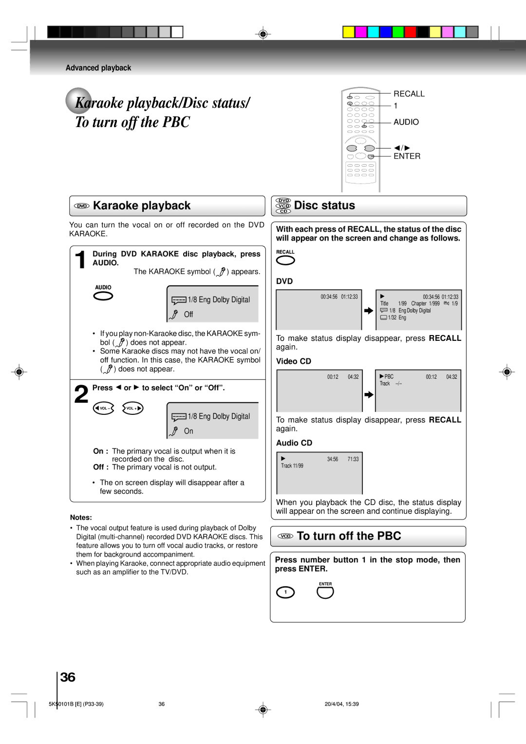 Toshiba MD20P1 owner manual Karaoke playback/Disc status/ To turn off the PBC, VCD Disc status, VCD To turn off the PBC 