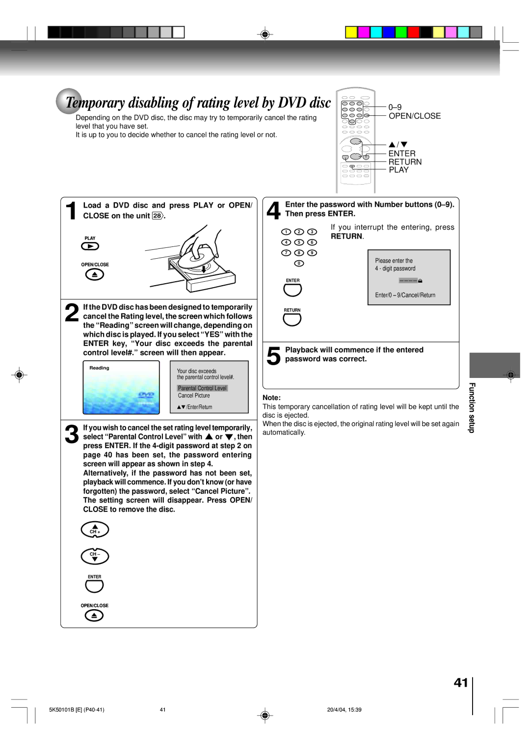 Toshiba MD20P1 owner manual Load a DVD disc and press Play or OPEN/ Close on the unit, Return 