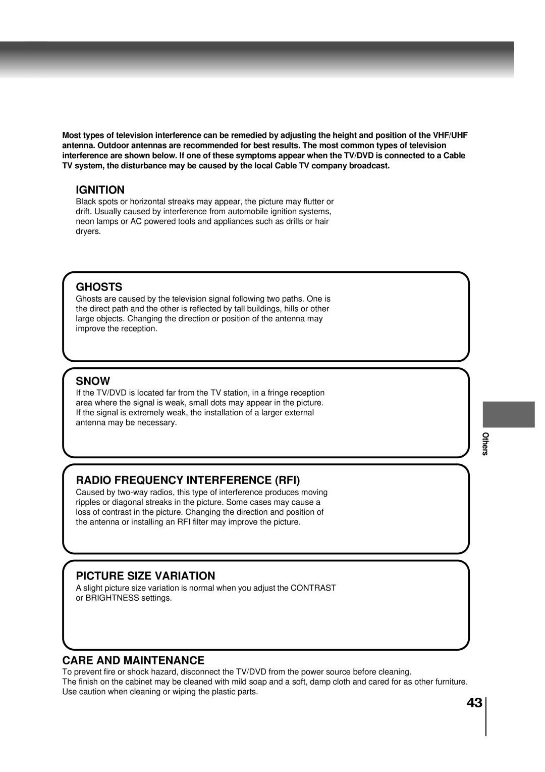 Toshiba MD20P1 owner manual Reception disturbances, Others 