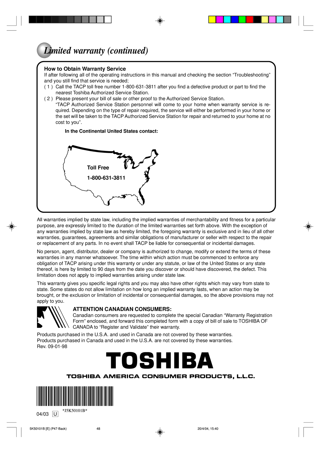 Toshiba MD20P1 owner manual How to Obtain Warranty Service, Continental United States contact 