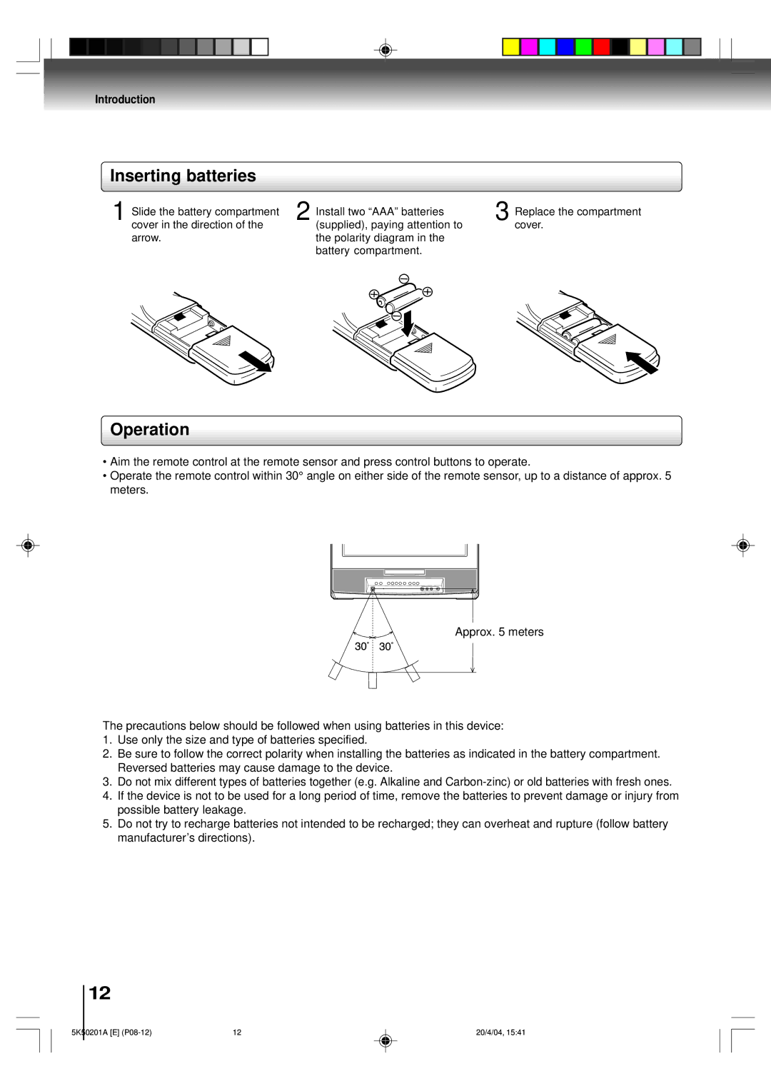 Toshiba MD20P3 owner manual Inserting batteries, Operation 