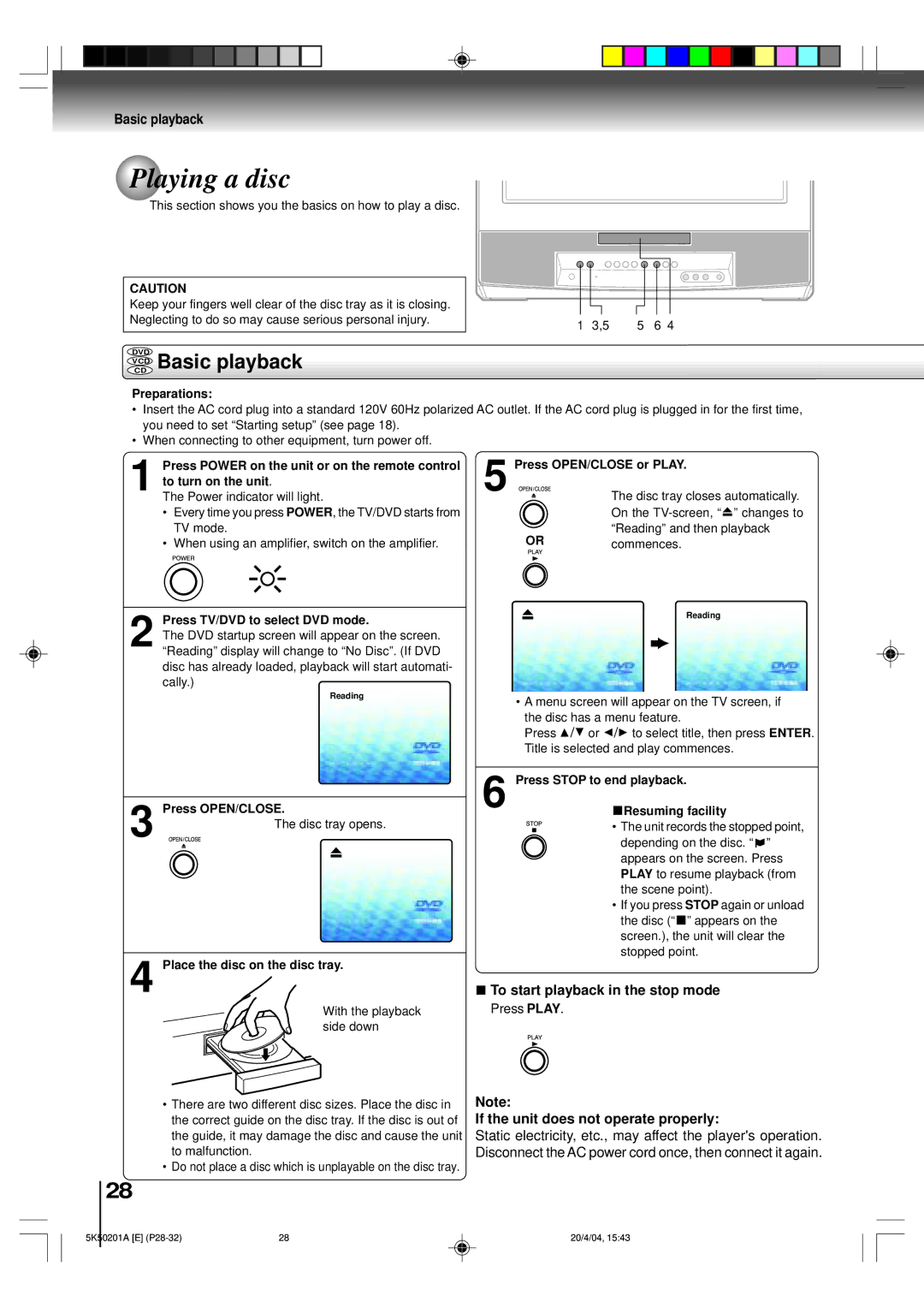 Toshiba MD20P3 owner manual Playing a disc, Vcdcd Basic playback, If the unit does not operate properly 