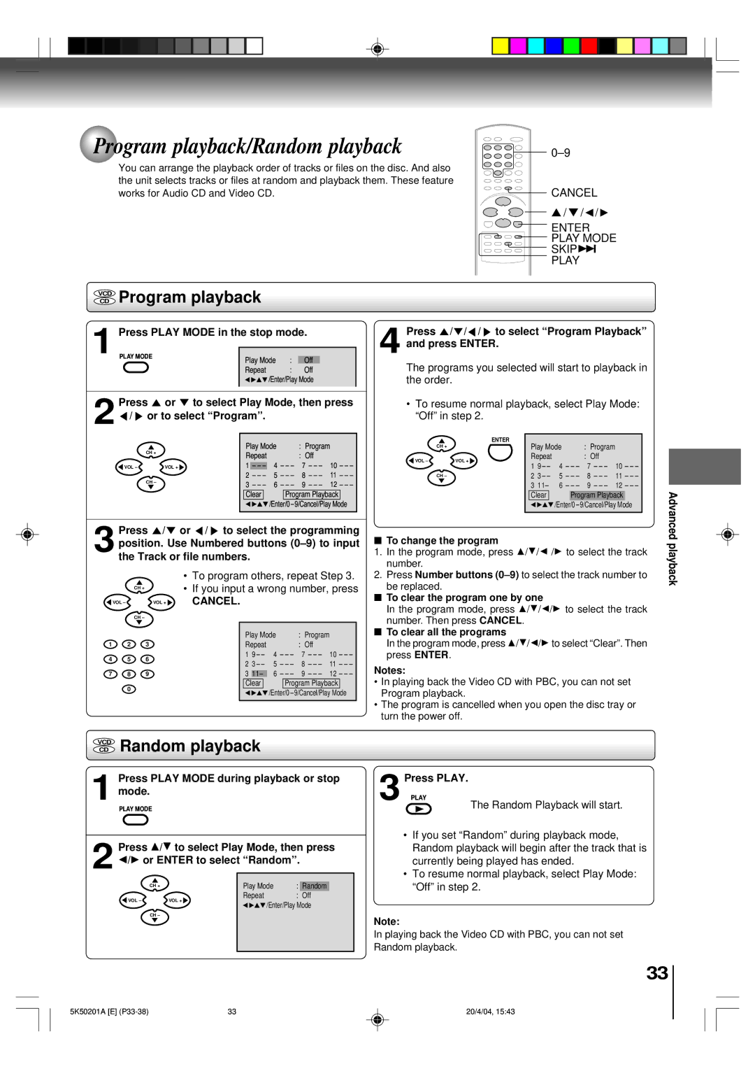 Toshiba MD20P3 owner manual Program playback/Random playback, Vcdcd Program playback, VCD Random playback 