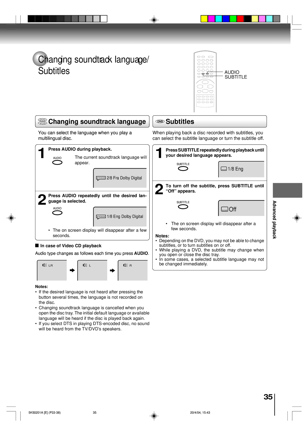 Toshiba MD20P3 owner manual Changing soundtrack language/ Subtitles, DVD Changing soundtrack language 