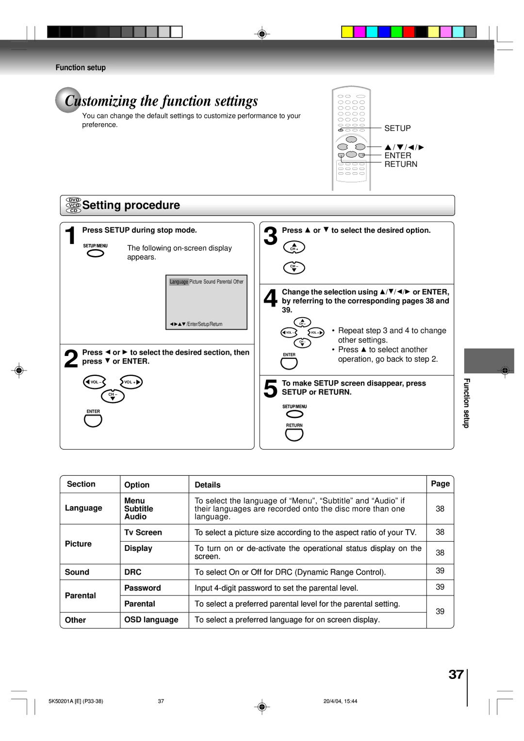 Toshiba MD20P3 owner manual Customizing the function settings, VCD Setting procedure, Drc 