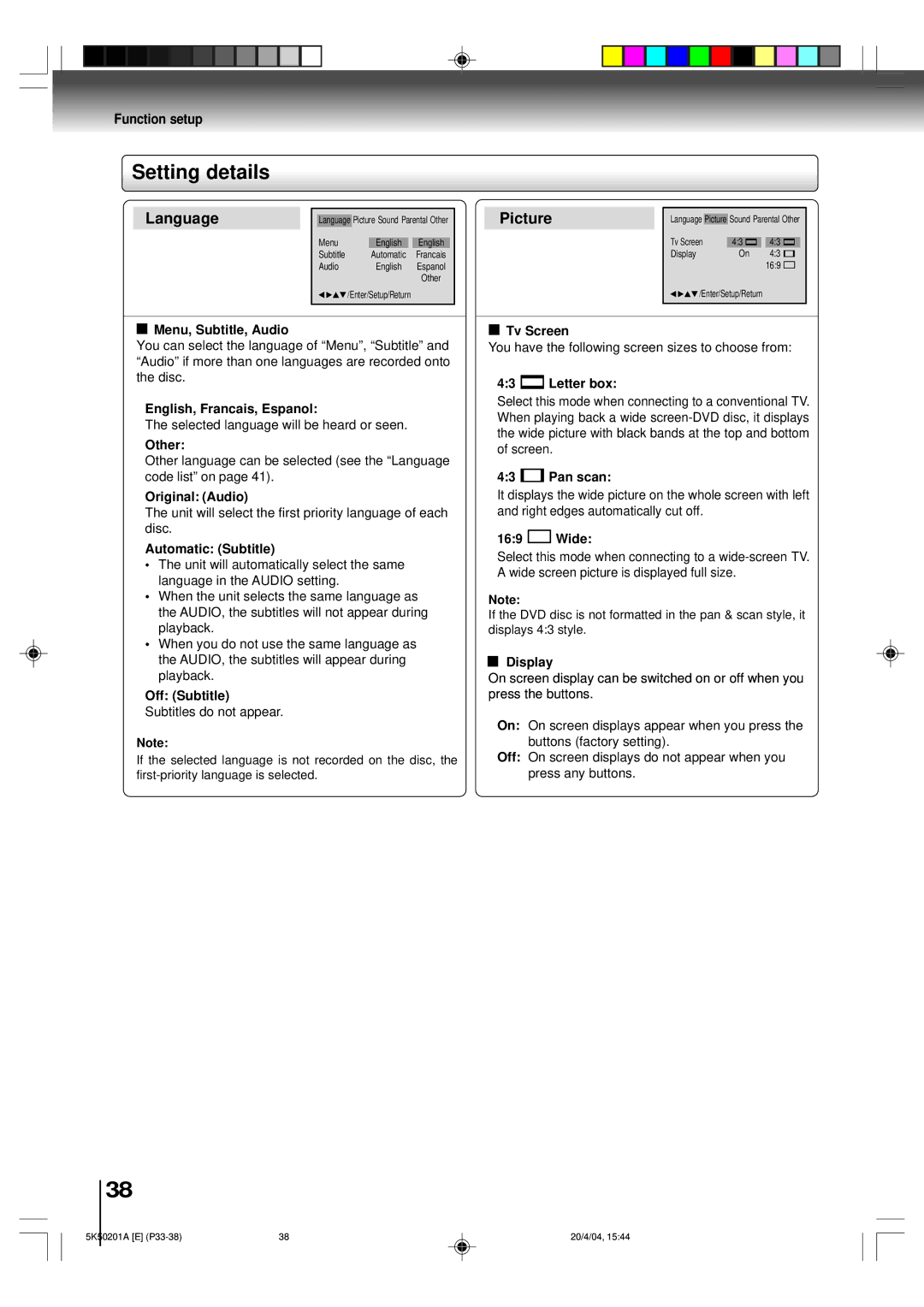 Toshiba MD20P3 owner manual Setting details 