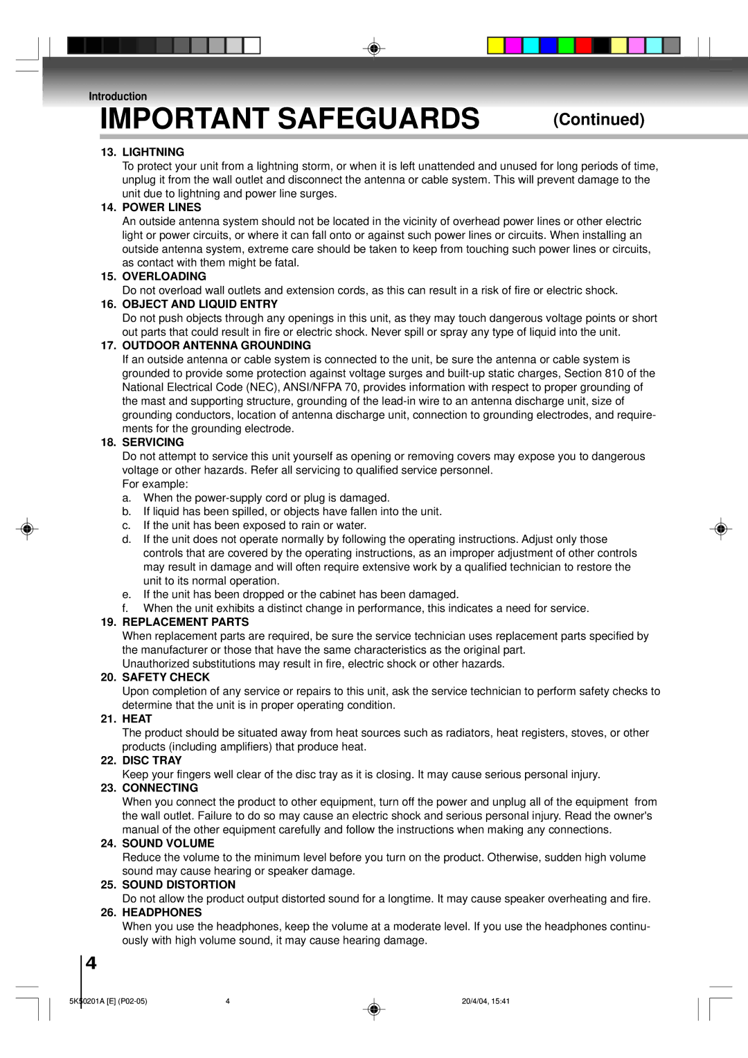 Toshiba MD20P3 Lightning, Power Lines, Overloading, Object and Liquid Entry, Outdoor Antenna Grounding, Servicing 