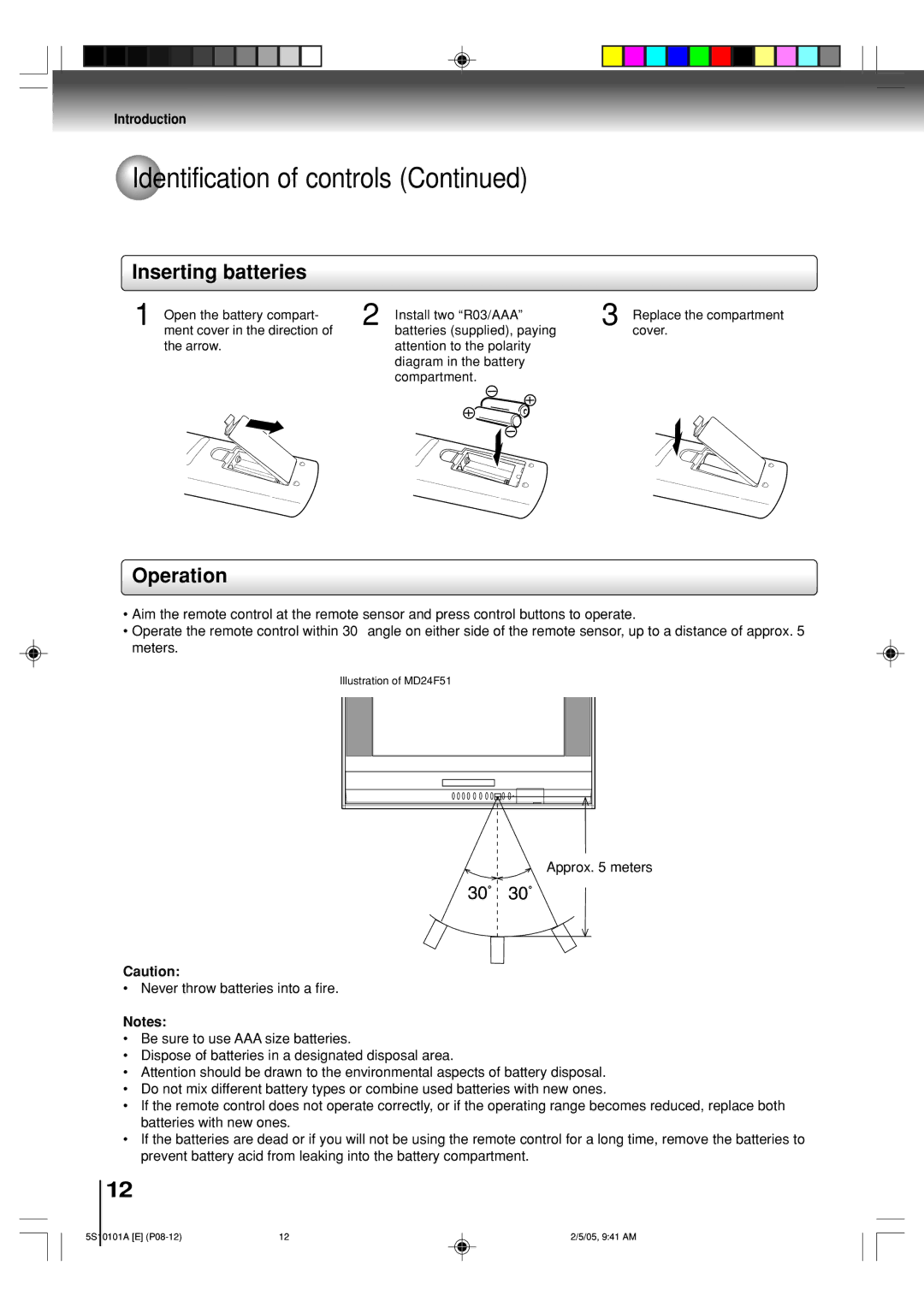 Toshiba MD24F51, MD20F51 owner manual Inserting batteries, Operation 