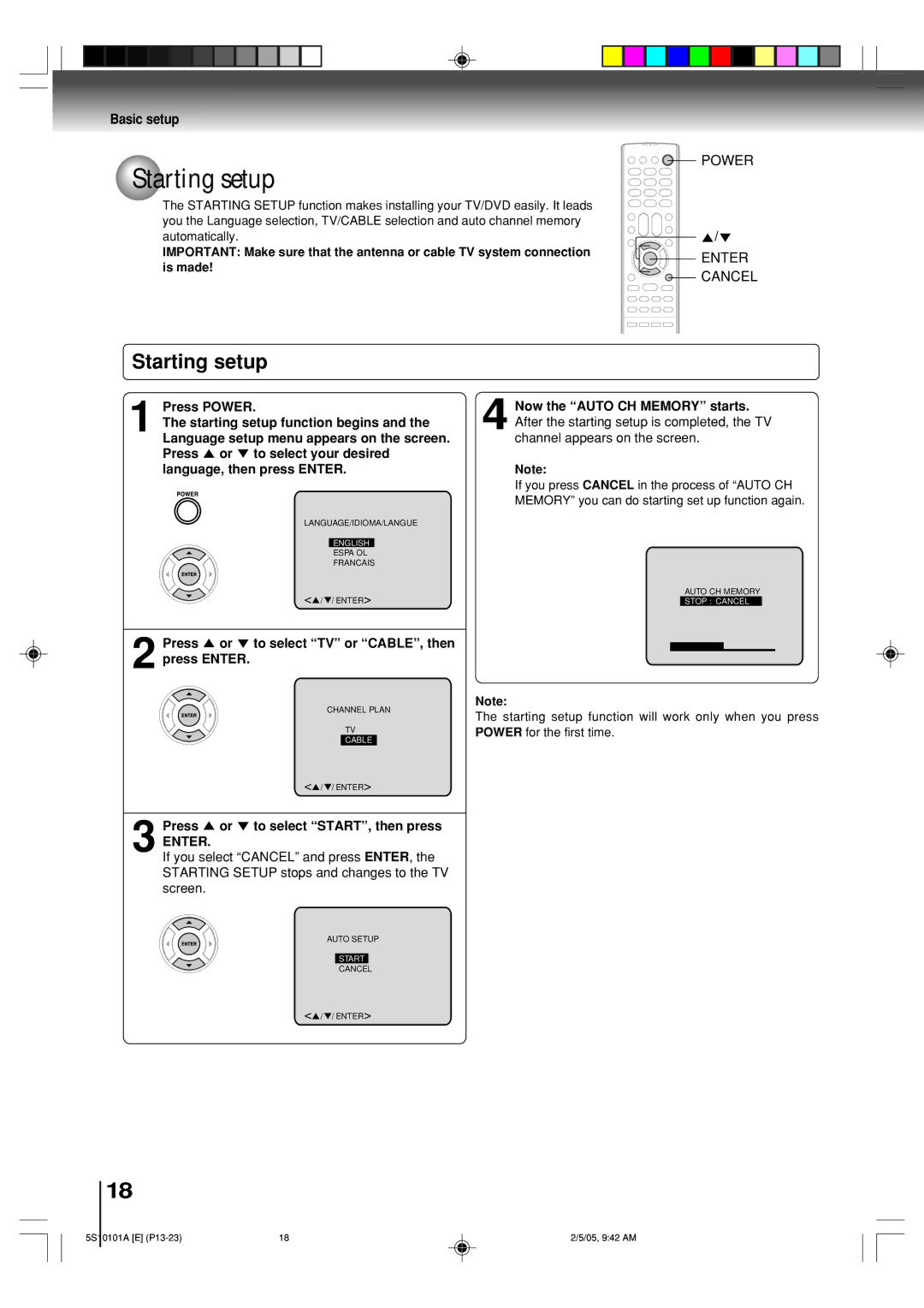 Toshiba MD24F51, MD20F51 owner manual Starting setup, Basic setup, Enter 