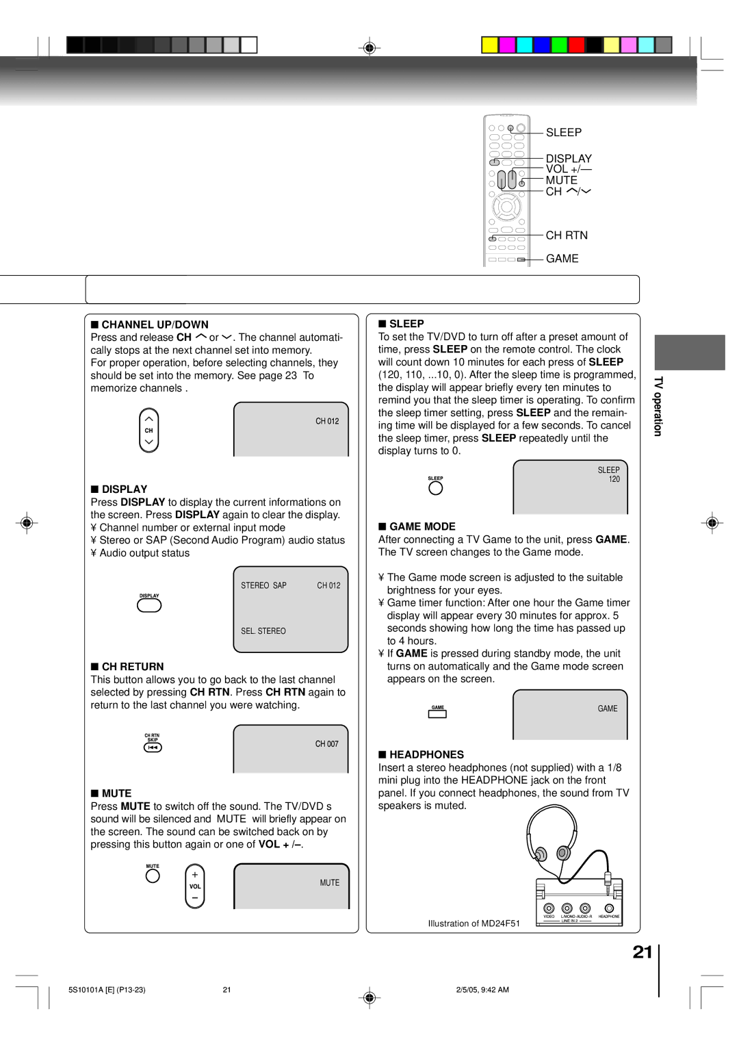 Toshiba MD20F51, MD24F51 owner manual Channel UP/DOWN, Display, CH Return, Mute, Sleep, Game Mode, Headphones 