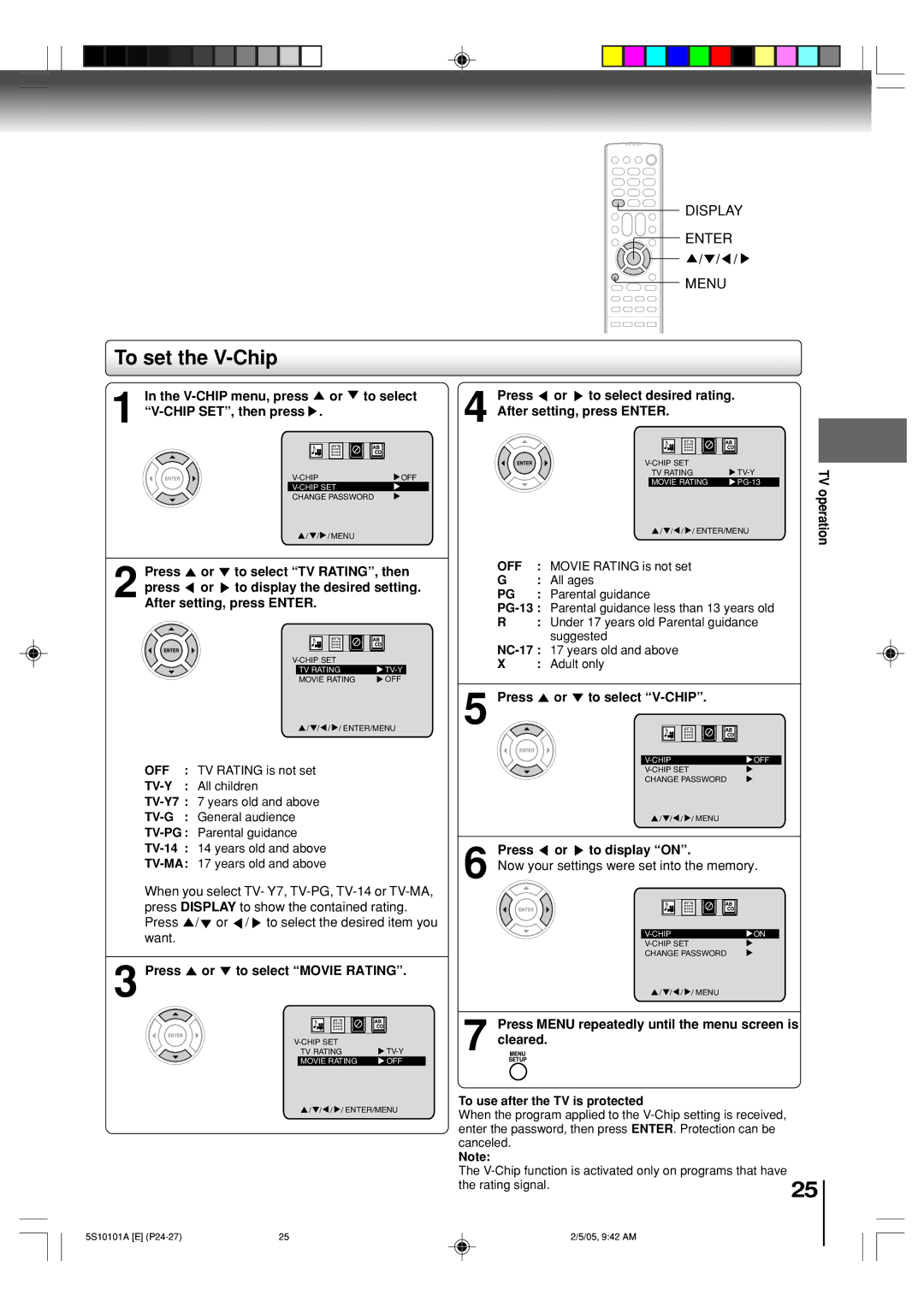 Toshiba MD20F51, MD24F51 owner manual To set the V-Chip, Off, Tv-Y, Tv-G, Tv-Ma 