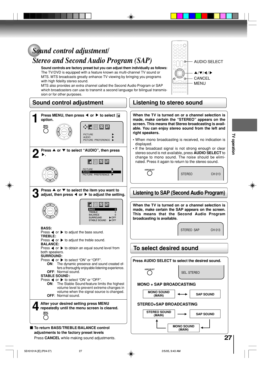Toshiba MD20F51, MD24F51 Sound control adjustment, Listening to stereo sound, Listening to SAP Second Audio Program 
