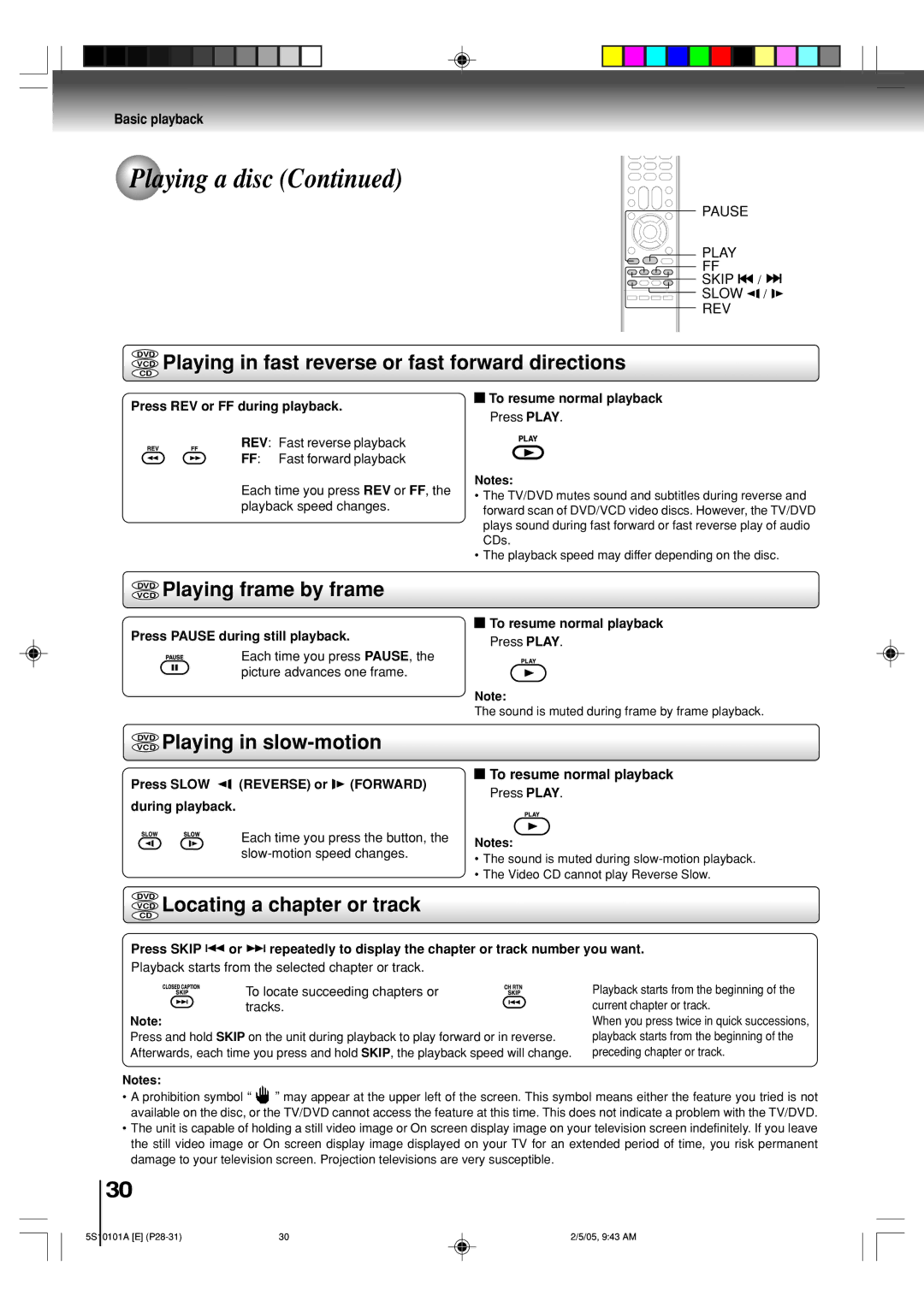 Toshiba MD24F51, MD20F51 owner manual VCD Playing in fast reverse or fast forward directions, Vcddvd Playing frame by frame 