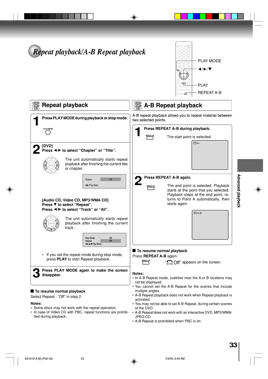 Toshiba MD20F51, MD24F51 owner manual Repeat playback/A-B Repeat playback, VCD Repeat playback, VCD A-B Repeat playback 