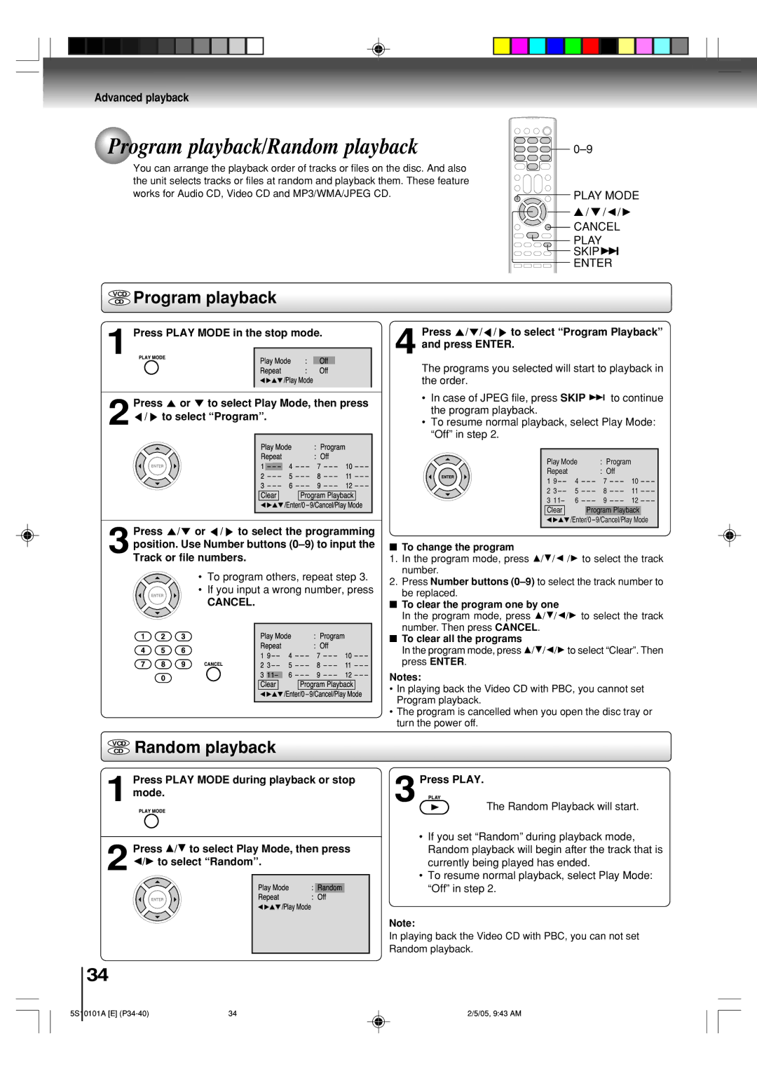 Toshiba MD24F51, MD20F51 owner manual Program playback/Random playback, Vcdcd Program playback 