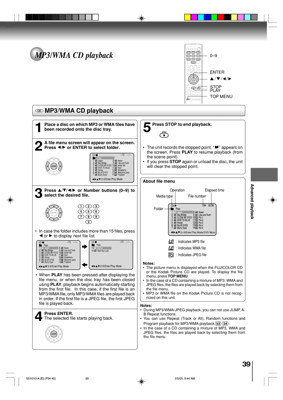 Toshiba MD20F51, MD24F51 owner manual CD MP3/WMA CD playback, 5Press Stop to end playback, About file menu, Press Enter 