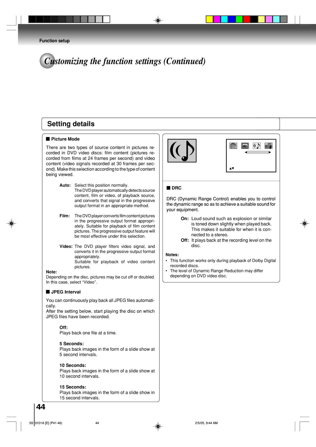 Toshiba MD24F51, MD20F51 owner manual Picture Mode, Drc, Jpeg Interval, Off, Seconds 