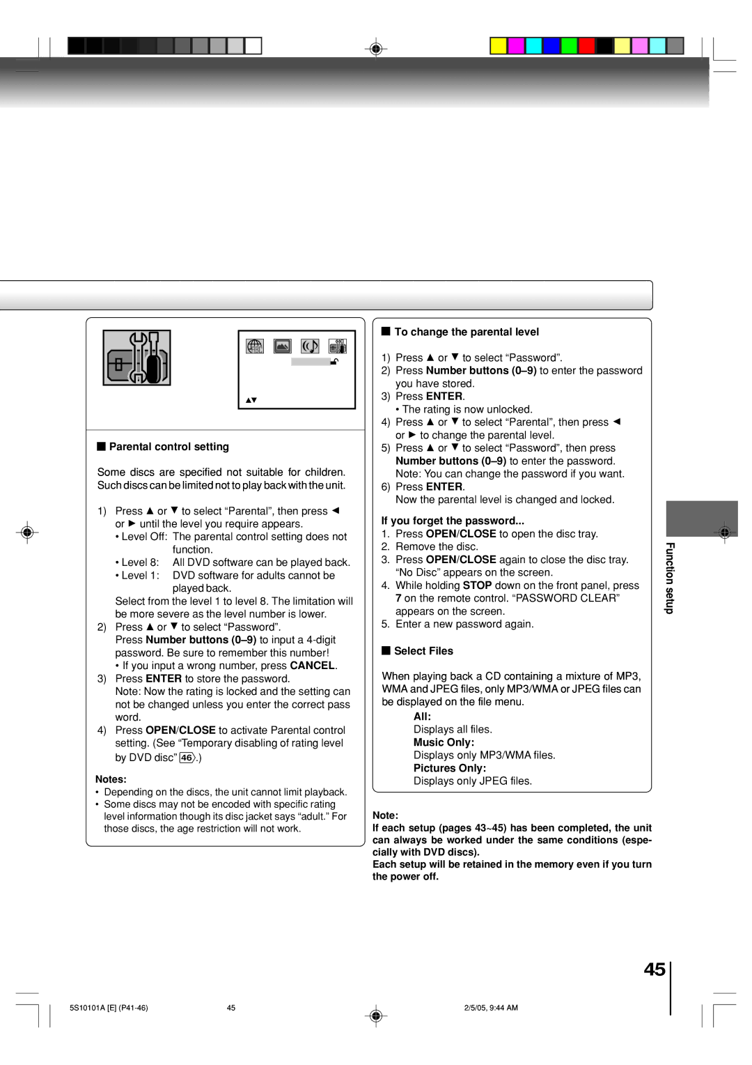 Toshiba MD20F51 Parental control setting, To change the parental level, If you forget the password, Select Files, All 