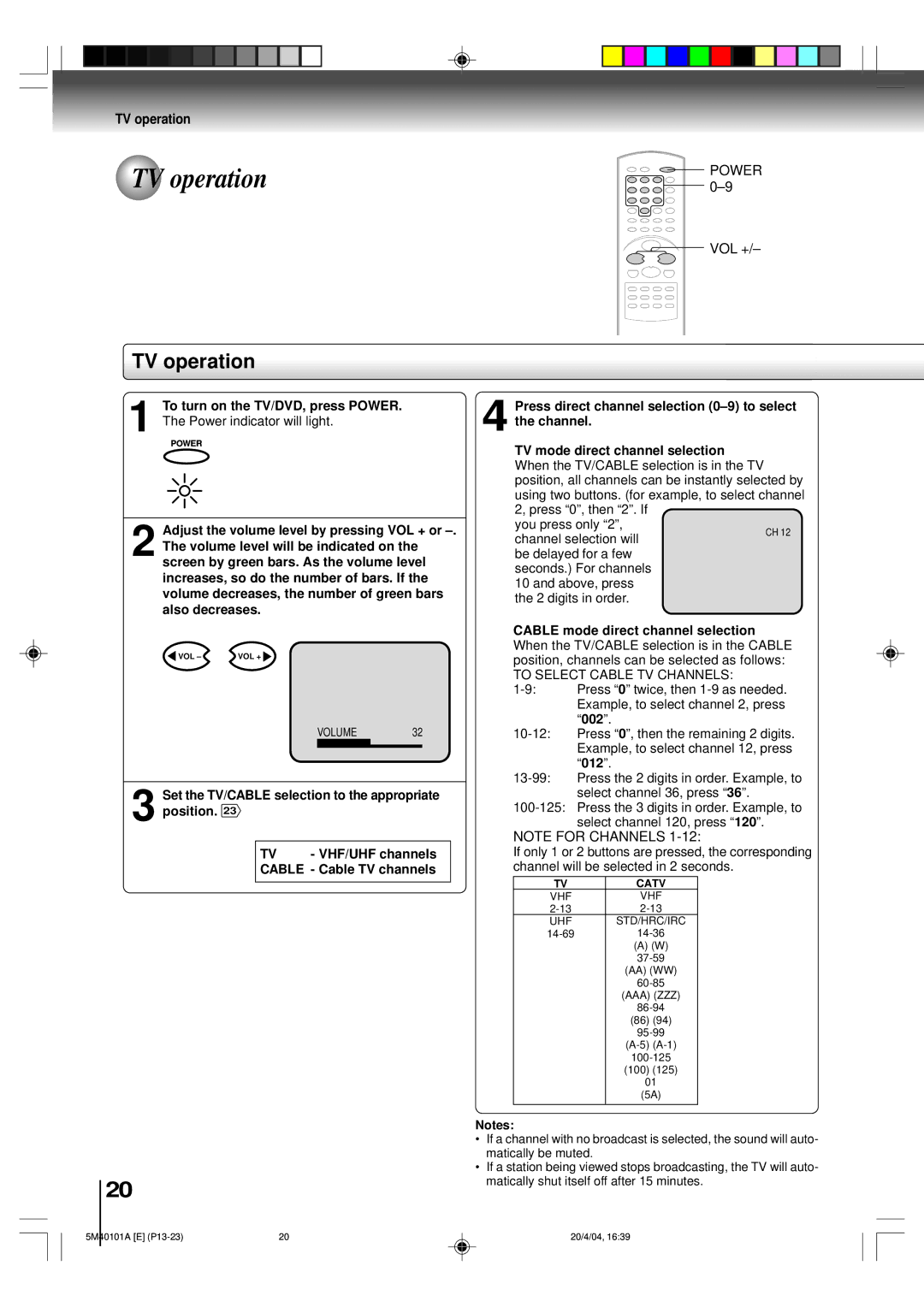 Toshiba MD24FP1 owner manual TV operation, TV VHF/UHF channels Cable Cable TV channels 