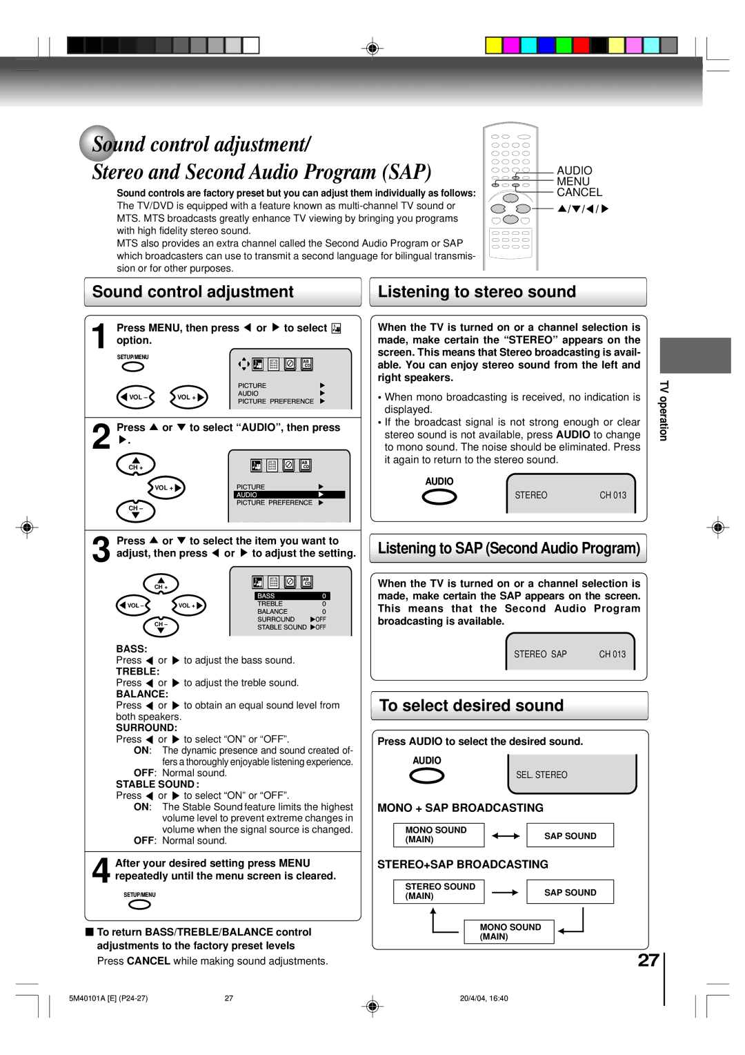 Toshiba MD24FP1 owner manual Sound control adjustment, Listening to stereo sound, Listening to SAP Second Audio Program 