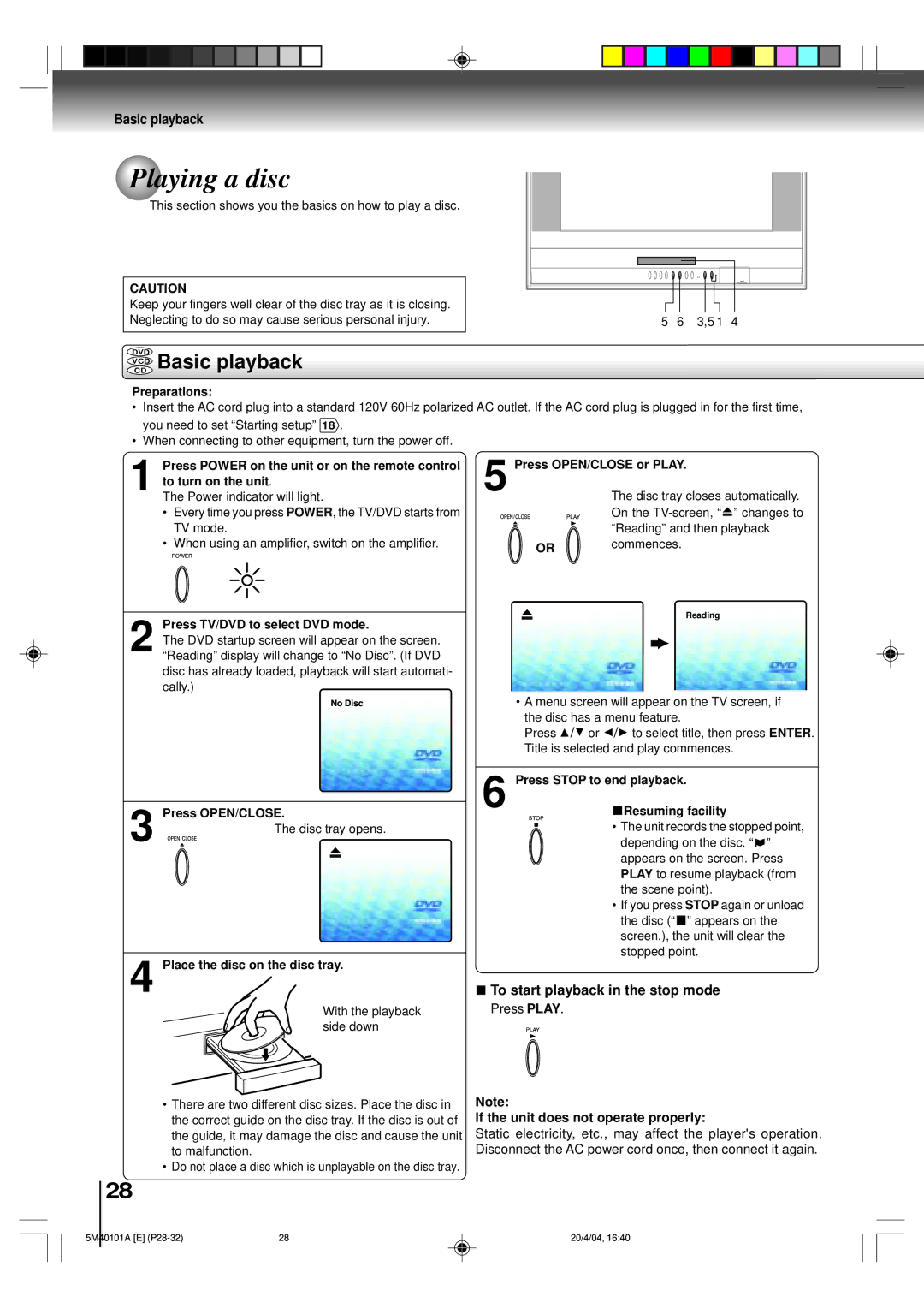 Toshiba MD24FP1 owner manual Playing a disc, Vcdcd Basic playback 