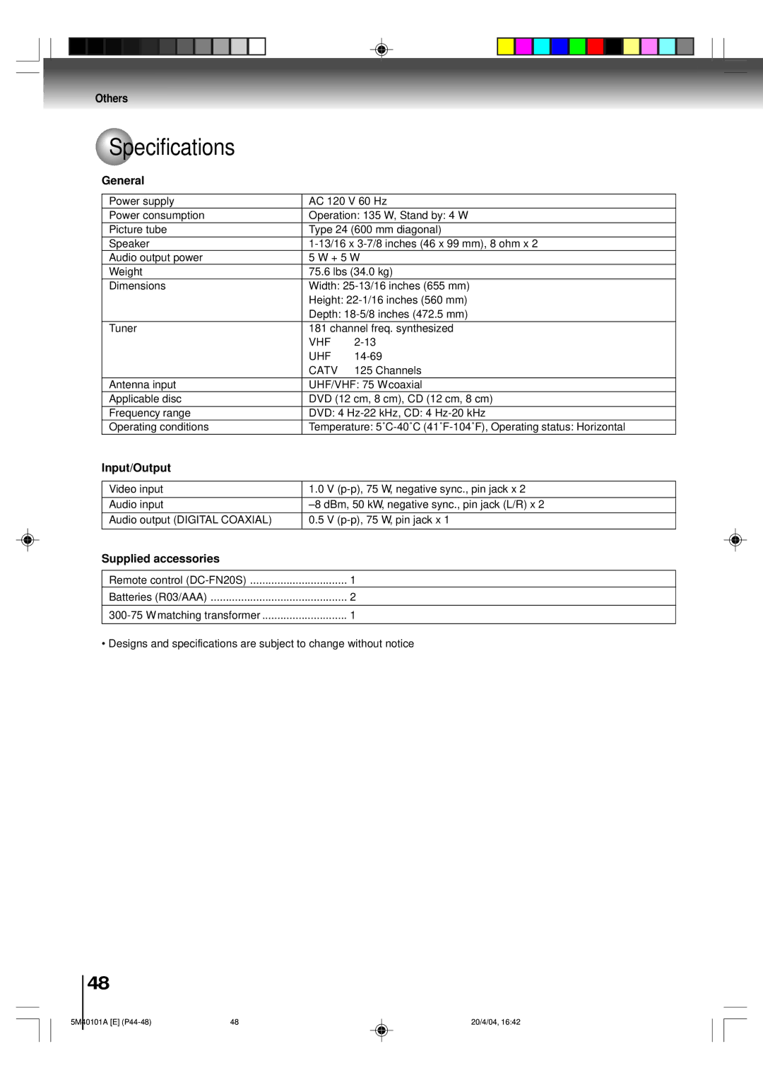 Toshiba MD24FP1 owner manual Specifications, General, Input/Output, Supplied accessories 