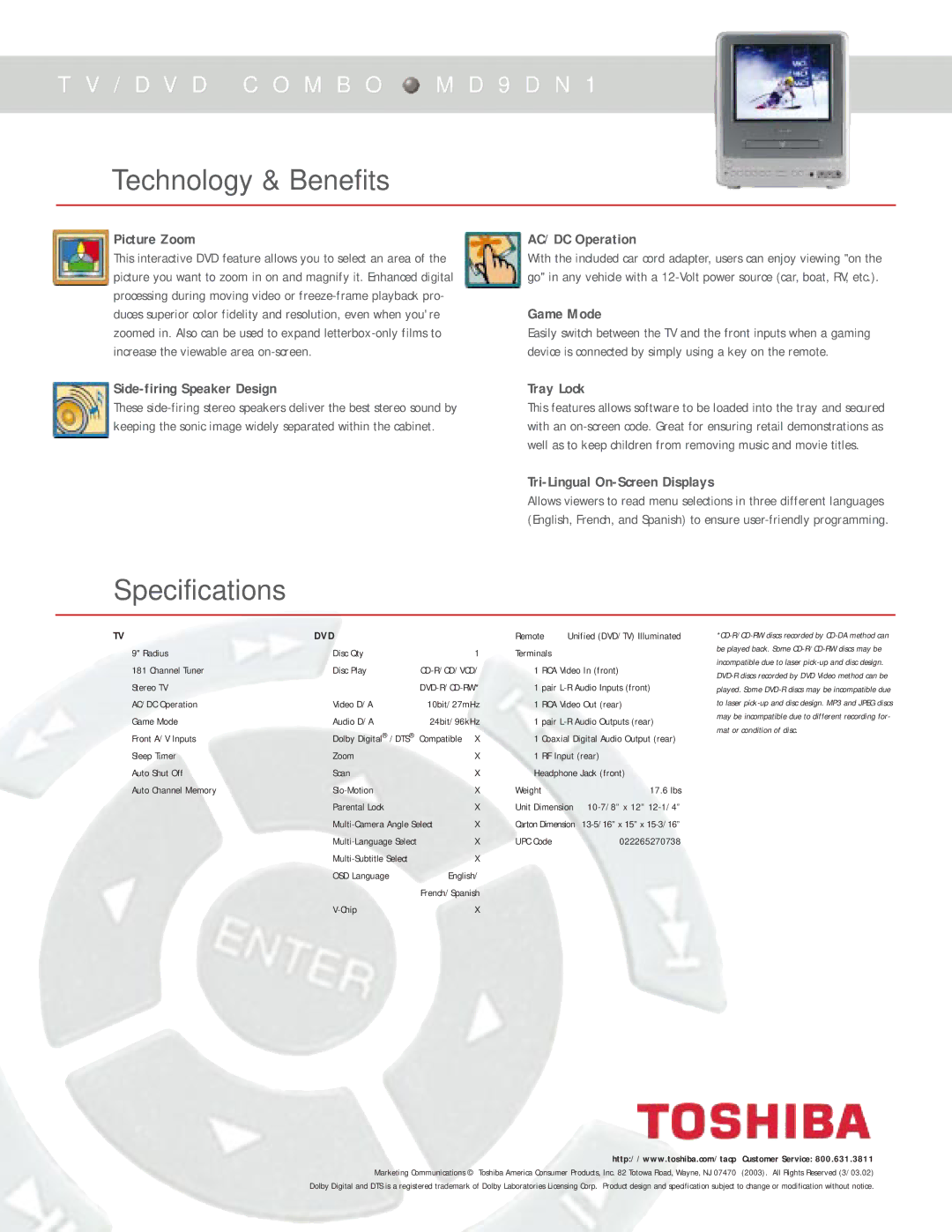 Toshiba MD9DN1 manual Technology & Benefits, Specifications 