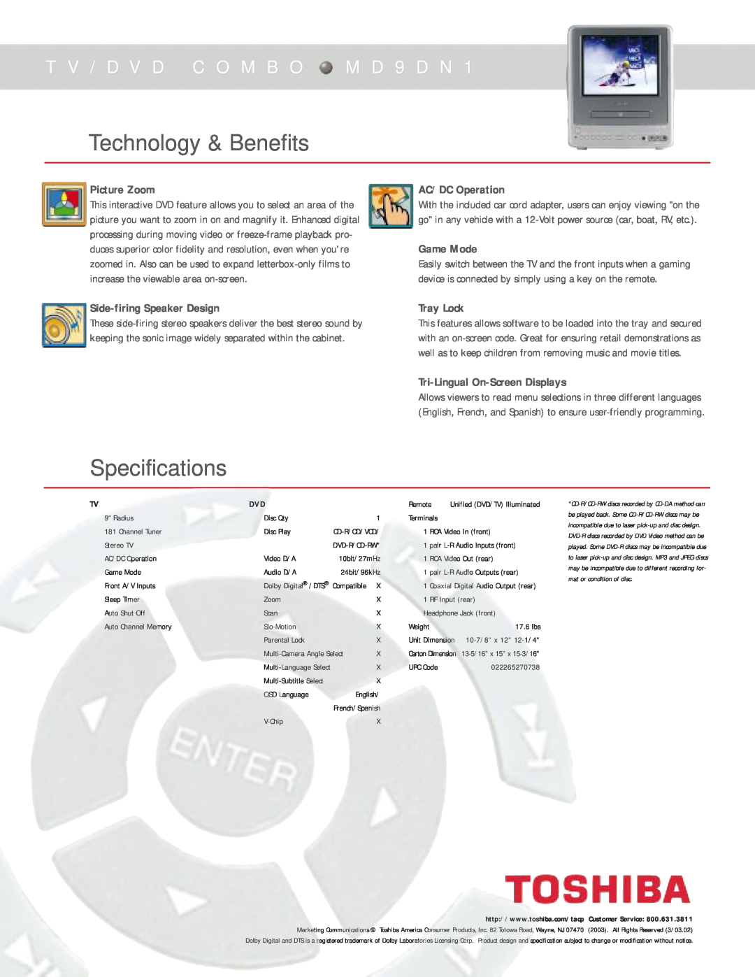 Toshiba MD9DN1 manual Technology & Benefits, Specifications, T V / D V D C O M B O M D 9 D N, Picture Zoom, AC/DC Operation 