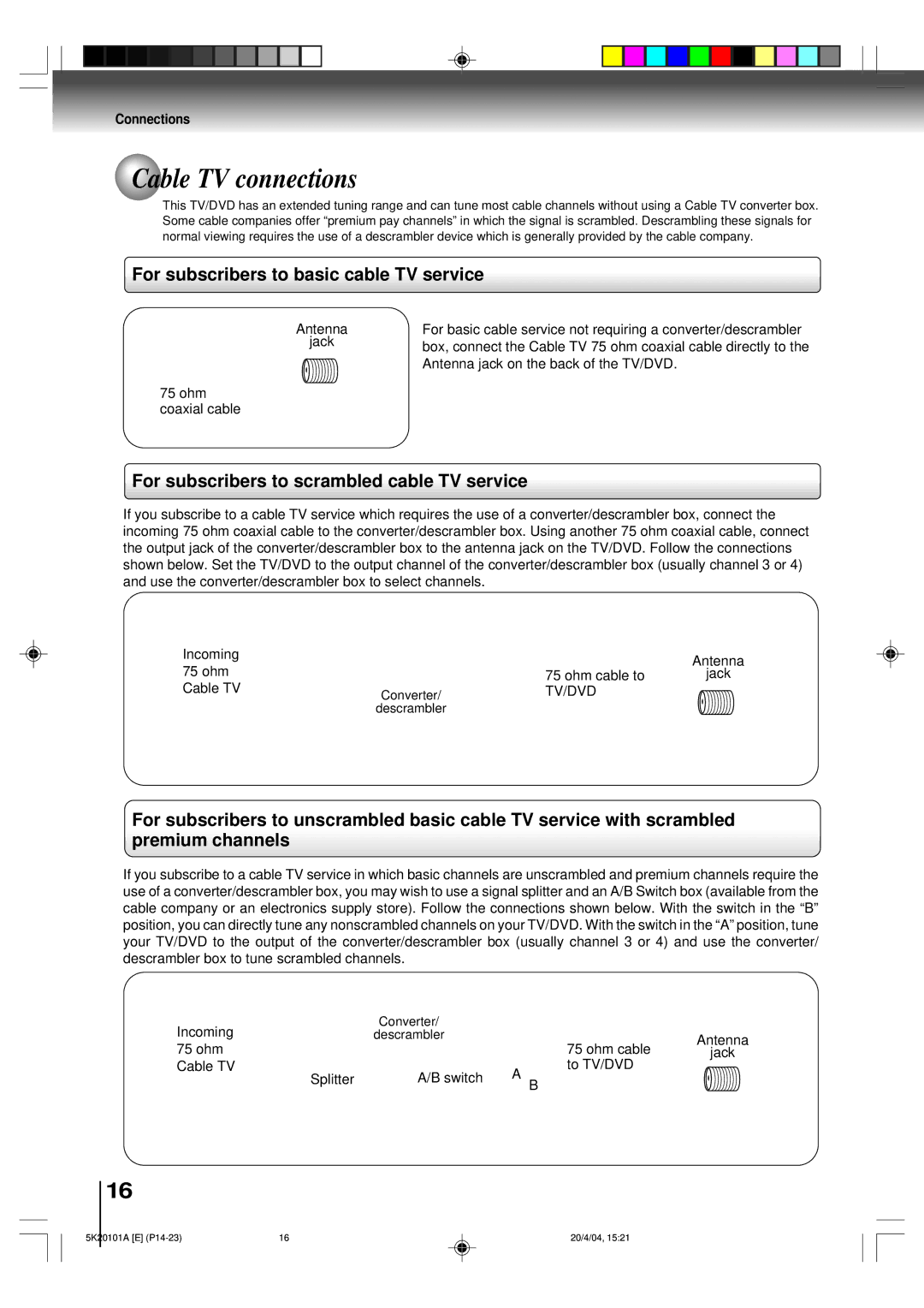 Toshiba MD9DP1 owner manual Cable TV connections, For subscribers to basic cable TV service 