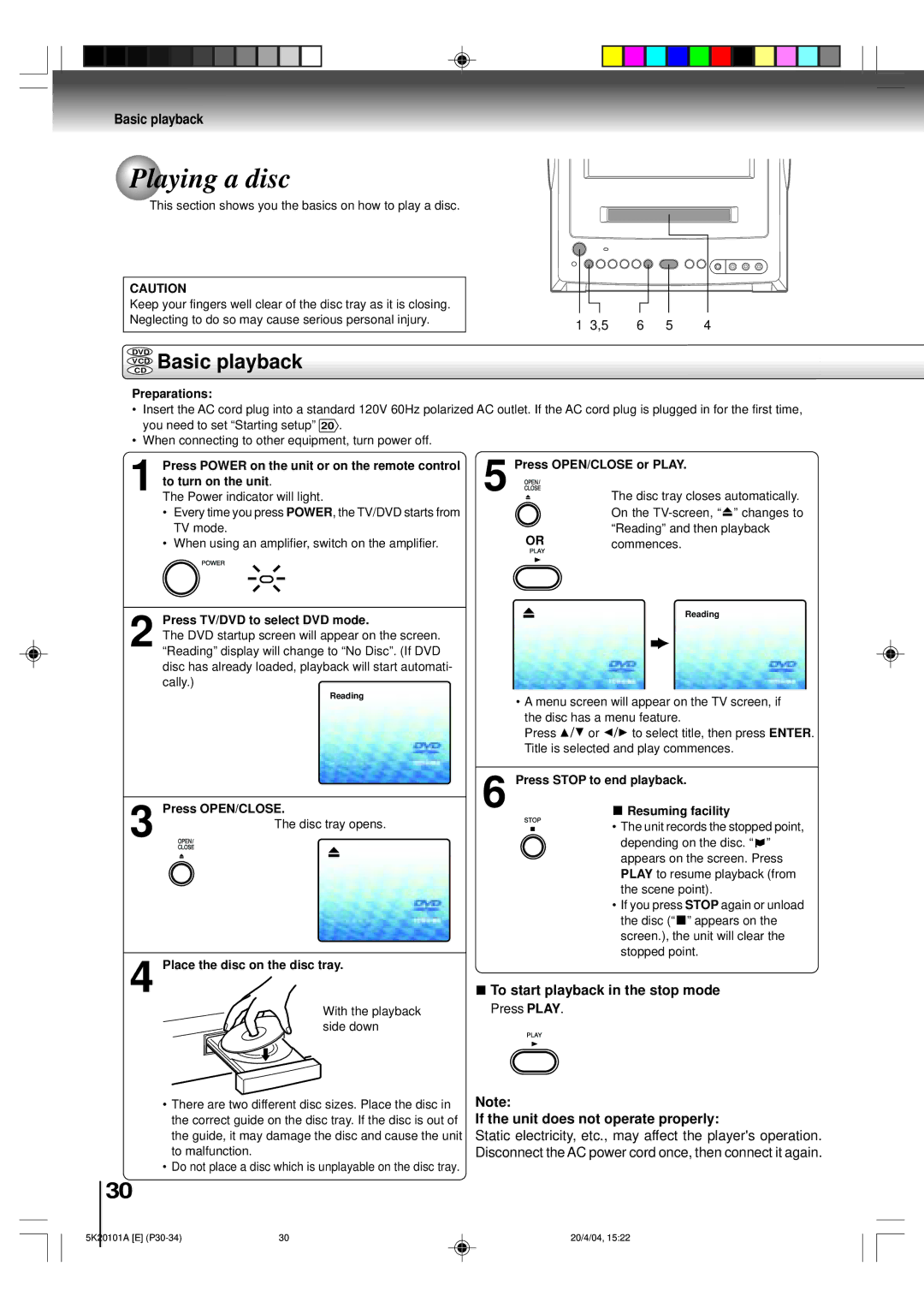 Toshiba MD9DP1 owner manual Playing a disc, Vcdcd Basic playback, If the unit does not operate properly 