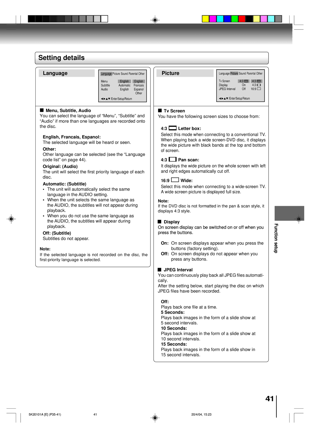 Toshiba MD9DP1 owner manual Setting details 