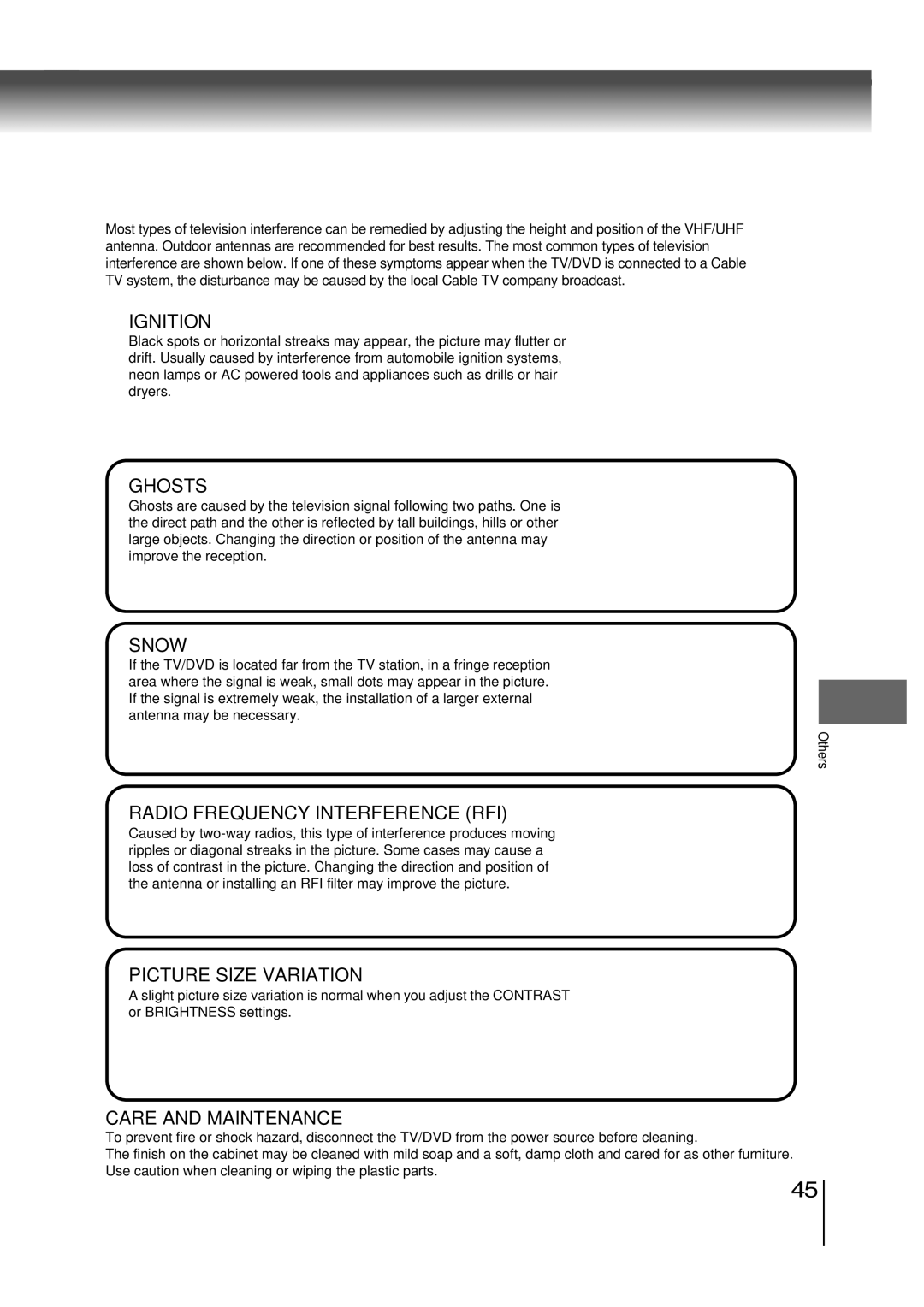 Toshiba MD9DP1 owner manual Reception disturbances, Others 