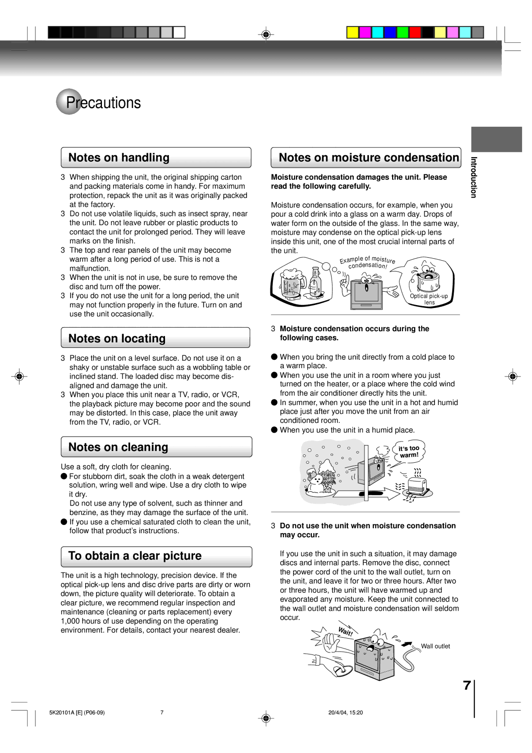 Toshiba MD9DP1 owner manual Precautions, To obtain a clear picture, Wait 