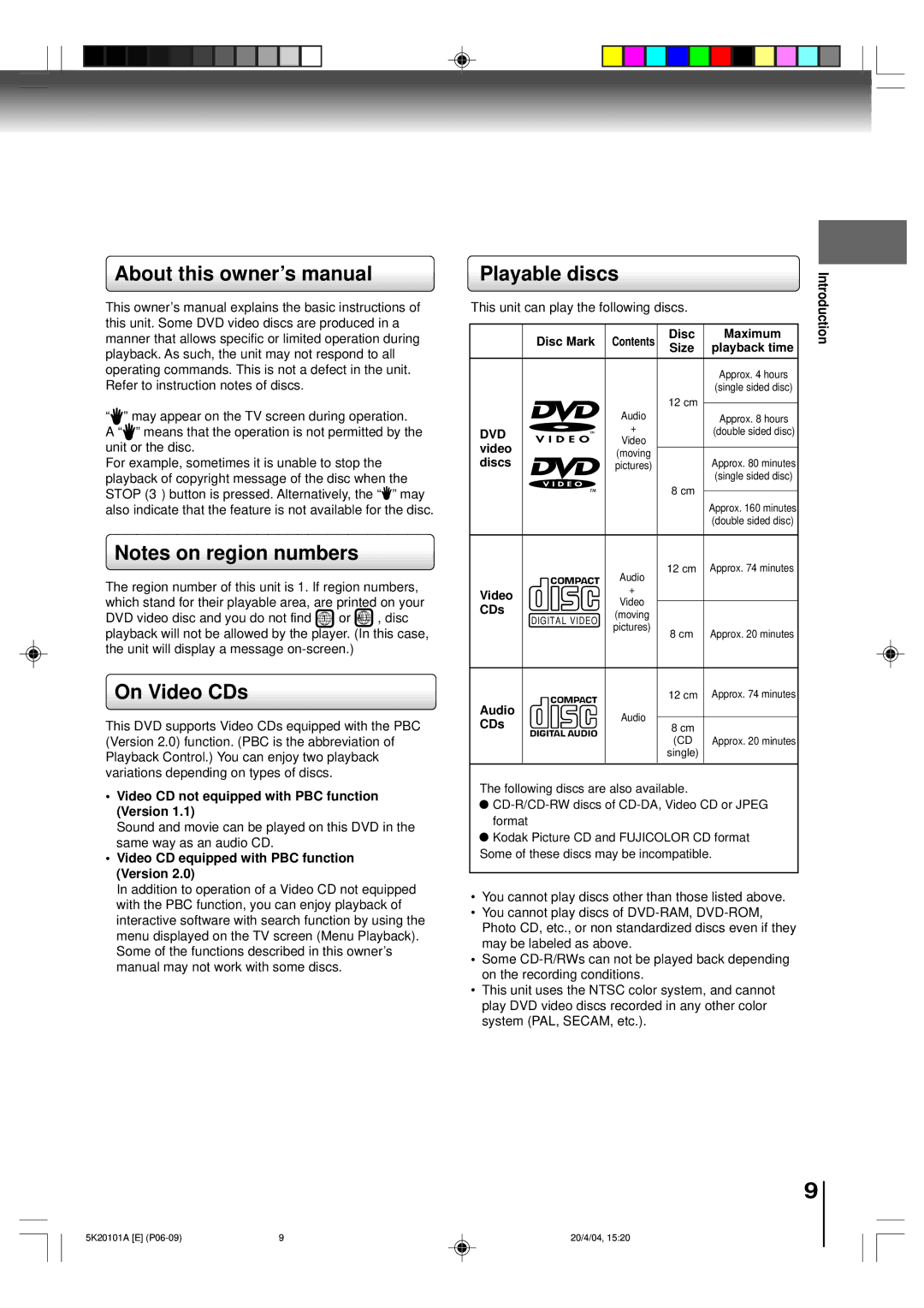 Toshiba MD9DP1 owner manual On Video CDs, Playable discs, Dvd 